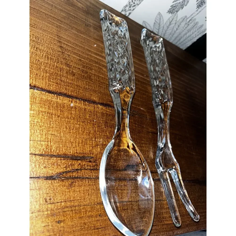 Vintage Anchor Hocking Wexford Crystal Glass Fork and Spoon Salad Serving Set
